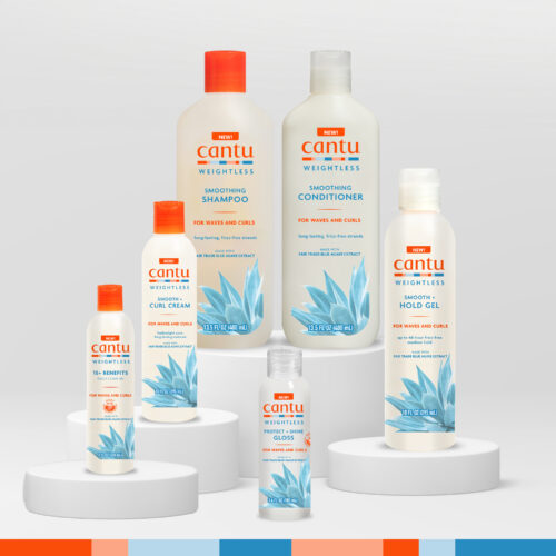 Cantu Weightless product family, including shampoo, conditioner and styling products